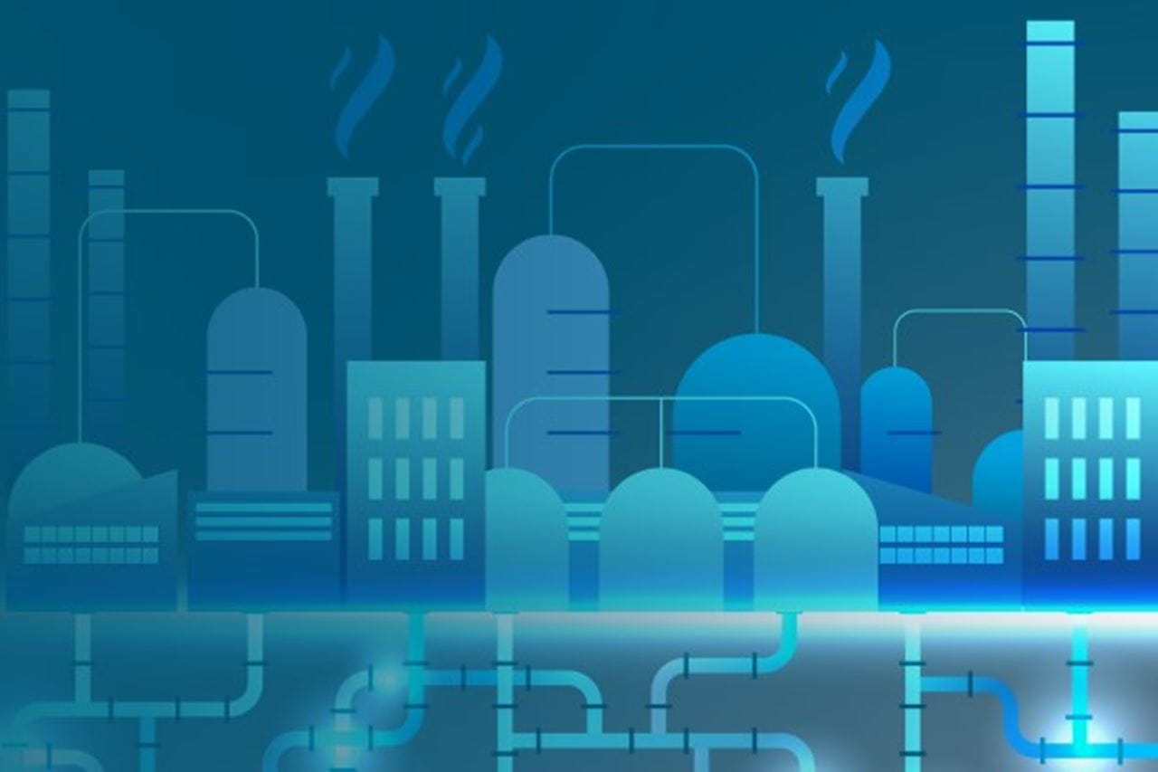 Drawing of factory with blue background