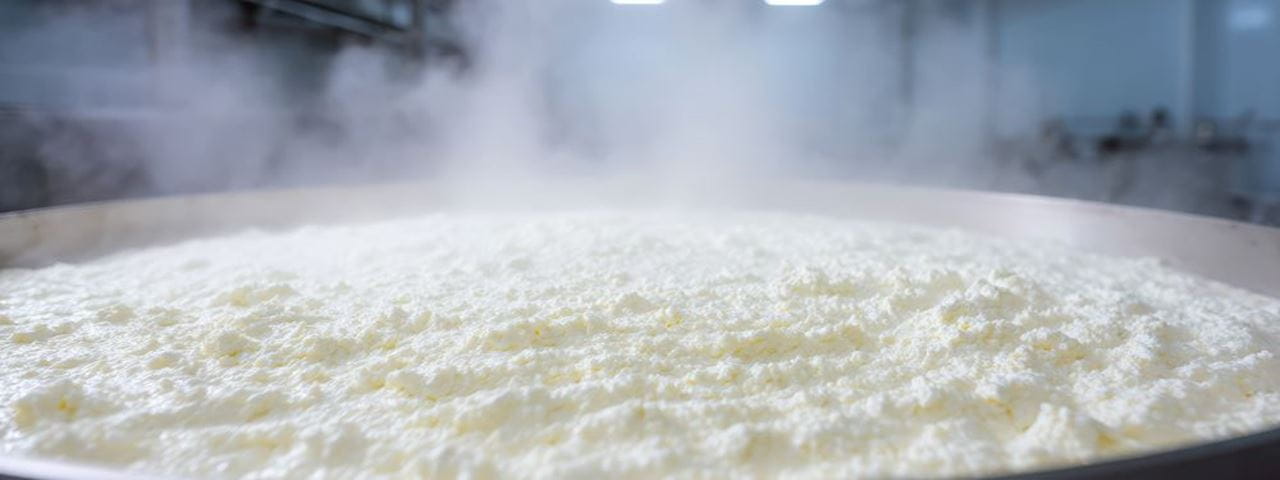Moving steam - Large vat filled with steaming liquid, dairy product, inside food factory