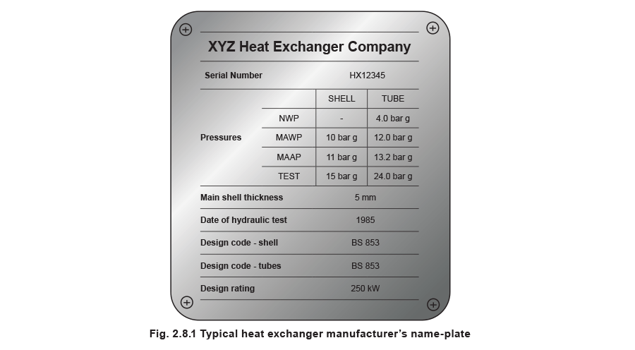 Fig 2.8.1 Typical heat exchanger manufacturers name-plate