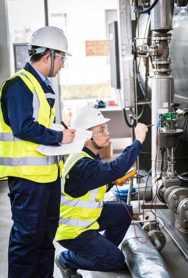 Two engineers are assessing steam system components for expansion project