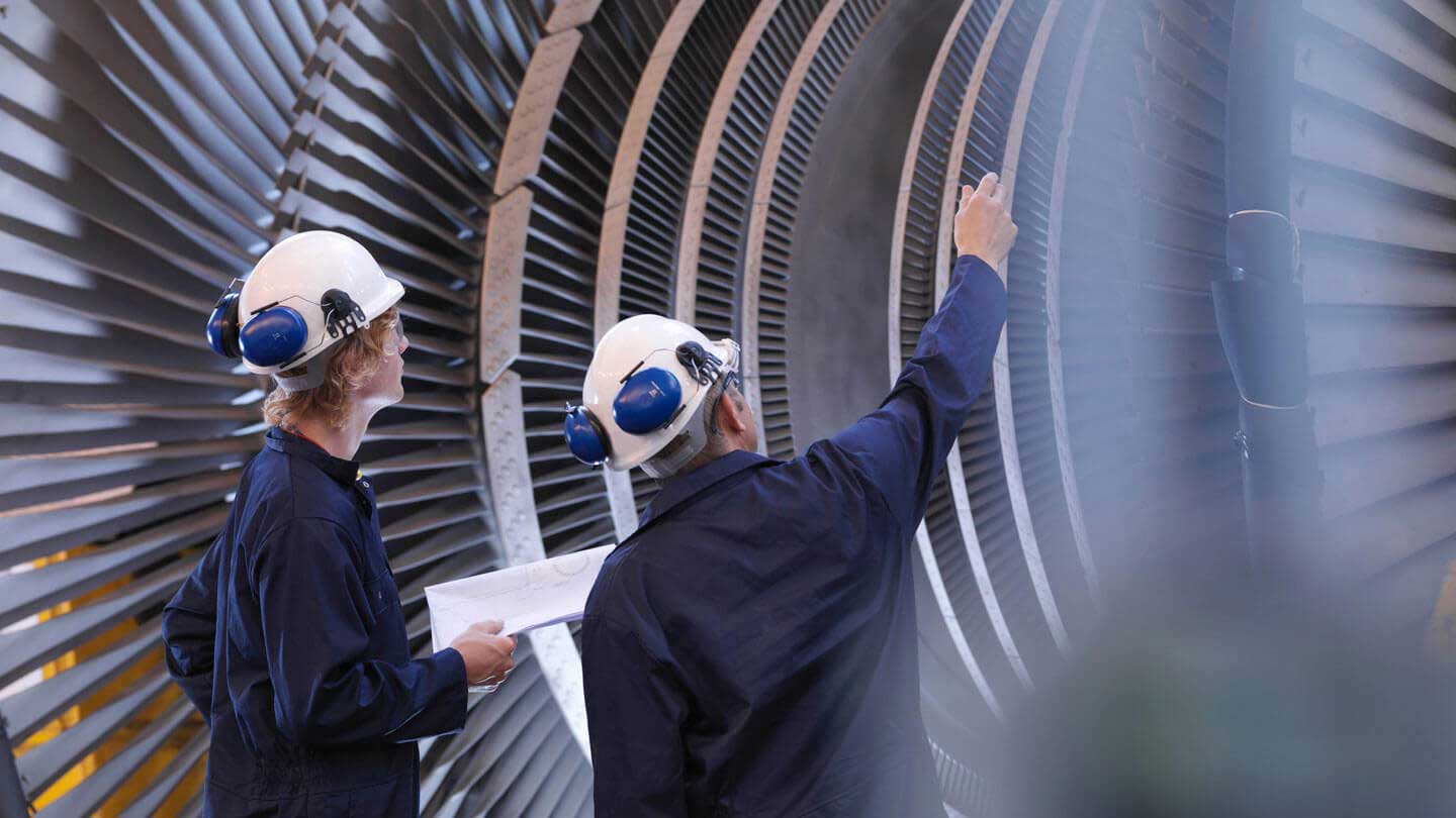 Two engineers assess a large system in a plant